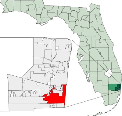 Map showing location of Hollywood, Florida