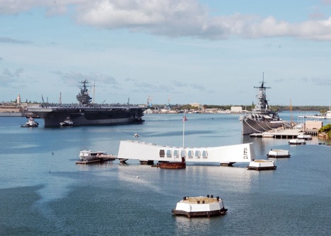USS Arizona memorial (foreground) - USS Abraham Lincoln and USS Missouri can be seen in the background